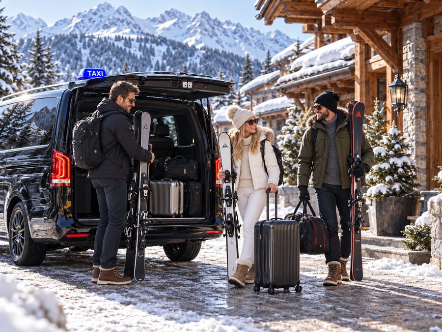 Taxi TL VIP devant un chalet en station de ski