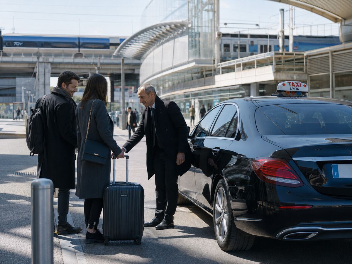 Taxi TL en gare Lyon Part-Dieu, d&eacute;part vers les massifs alpins pendant les JO 2030